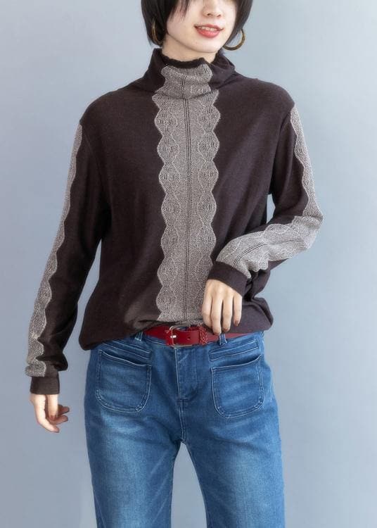 Cozy chocolate knitted t shirt high neck trendy plus size knit sweat tops NTP201026