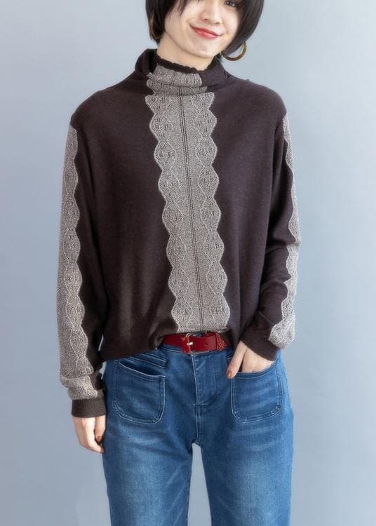 Cozy chocolate knitted t shirt high neck trendy plus size knit sweat tops NTP201026