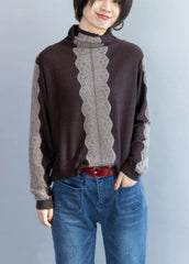 Cozy chocolate knitted t shirt high neck trendy plus size knit sweat tops NTP201026