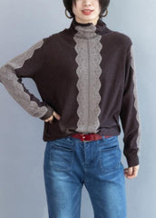 Cozy chocolate knitted t shirt high neck trendy plus size knit sweat tops NTP201026