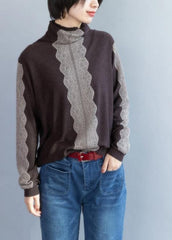 Cozy chocolate knitted t shirt high neck trendy plus size knit sweat tops NTP201026
