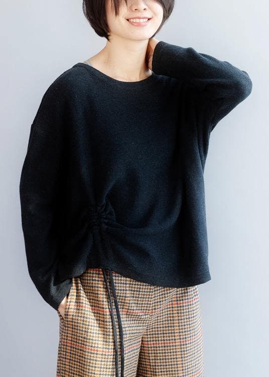 Cozy o neck black sweaters fall fashion drawstring knitted pullover NTP191125