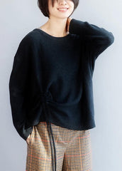 Cozy o neck black sweaters fall fashion drawstring knitted pullover NTP191125