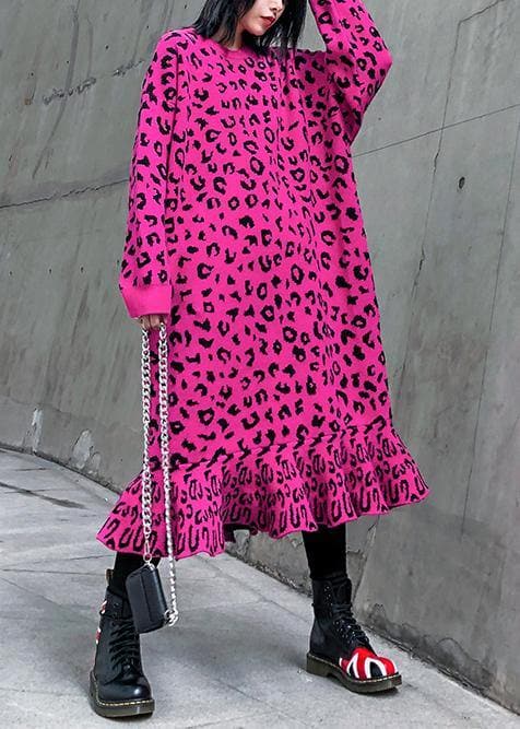 Cozy rose Leopard Sweater weather Vintage stand collar Hole Tejidos sweater dress AT-NSD191101
