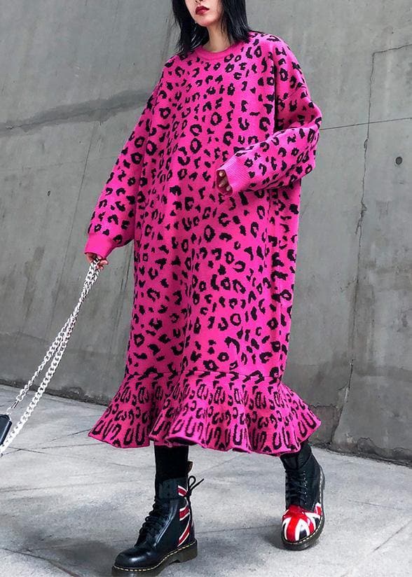Cozy rose Leopard Sweater weather Vintage stand collar Hole Tejidos sweater dress AT-NSD191101