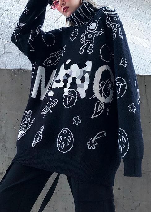 Cute black Cartoon print knitted t shirt casual high neck knit sweat tops AT-NTP191023