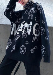 Cute black Cartoon print knitted t shirt casual high neck knit sweat tops AT-NTP191023