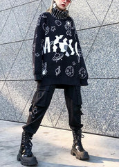 Cute black Cartoon print knitted t shirt casual high neck knit sweat tops AT-NTP191023