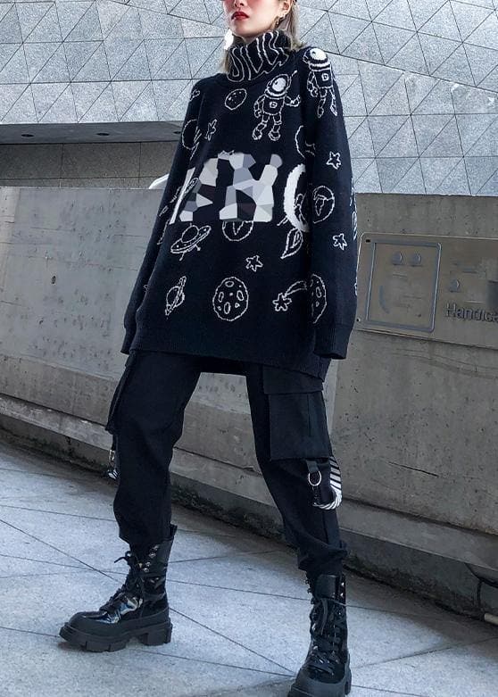 Cute black Cartoon print knitted t shirt casual high neck knit sweat tops AT-NTP191023