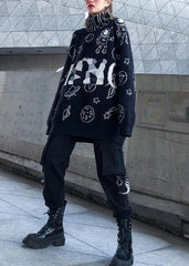 Cute black Cartoon print knitted t shirt casual high neck knit sweat tops AT-NTP191023