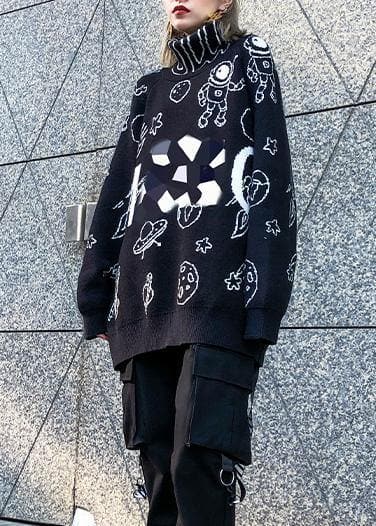 Cute black Cartoon print knitted t shirt casual high neck knit sweat tops AT-NTP191023