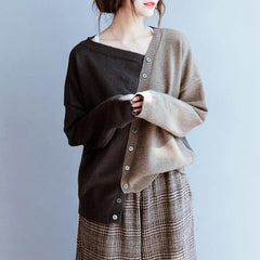 Cute fall chocolate knitted blouse fashion v neck patchwork sweater tops NTP201026