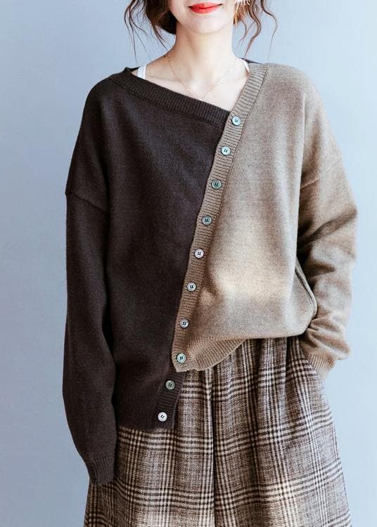 Cute fall chocolate knitted blouse fashion v neck patchwork sweater tops NTP201026