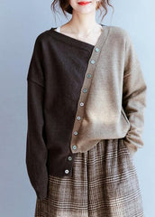 Cute fall chocolate knitted blouse fashion v neck patchwork sweater tops NTP201026