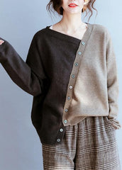 Cute fall chocolate knitted blouse fashion v neck patchwork sweater tops NTP201026