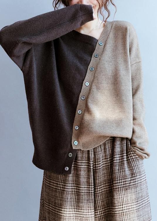 Cute fall chocolate knitted blouse fashion v neck patchwork sweater tops NTP201026