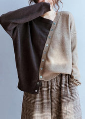Cute fall chocolate knitted blouse fashion v neck patchwork sweater tops NTP201026