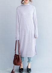 Cute light purple Sweater outfits Moda high neck daily side open knit dresses NSD191125