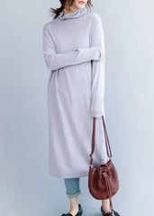 Cute light purple Sweater outfits Moda high neck daily side open knit dresses NSD191125