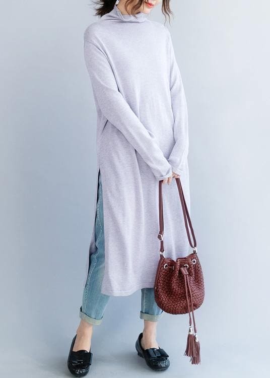 Cute light purple Sweater outfits Moda high neck daily side open knit dresses NSD191125