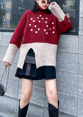Cute red clothes For Women side open fall fashion patchwork knit sweat tops AT-NTP191211