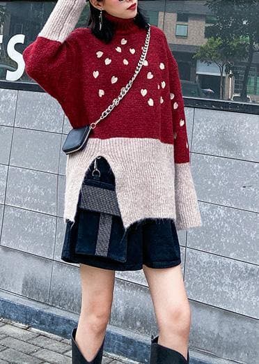 Cute red clothes For Women side open fall fashion patchwork knit sweat tops AT-NTP191211