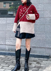 Cute red clothes For Women side open fall fashion patchwork knit sweat tops AT-NTP191211