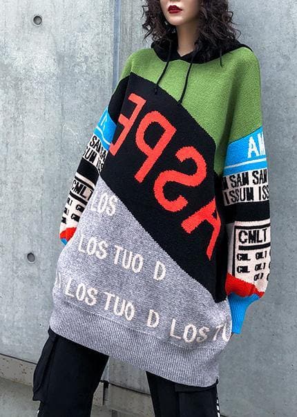 Cute winter patchwork prints knitwear plus size hooded knitted t shirt AT-NTP191101