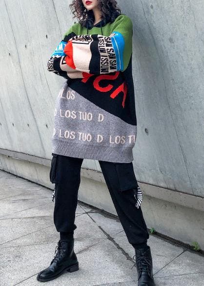 Cute winter patchwork prints knitwear plus size hooded knitted t shirt AT-NTP191101