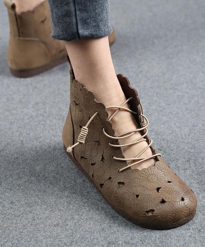 DIY Grey Embossed Hollow Out Boots Lace Up Boots PDX210617