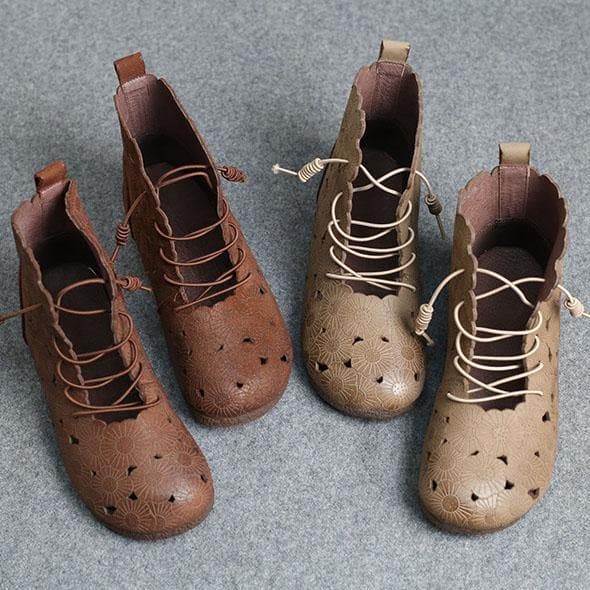 DIY Grey Embossed Hollow Out Boots Lace Up Boots PDX210617