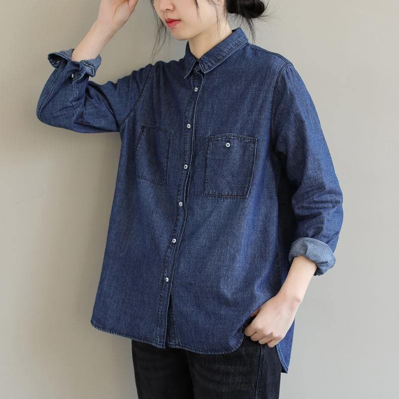 DIY Lapel Pockets Spring Clothes For Women Pattern Denim Blue Shirt LTP210115
