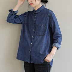 DIY Lapel Pockets Spring Clothes For Women Pattern Denim Blue Shirt LTP210115