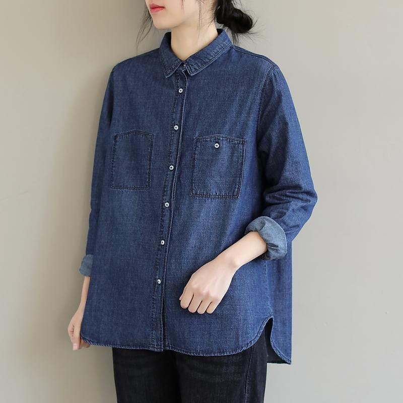 DIY Lapel Pockets Spring Clothes For Women Pattern Denim Blue Shirt LTP210115