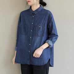 DIY Lapel Pockets Spring Clothes For Women Pattern Denim Blue Shirt LTP210115