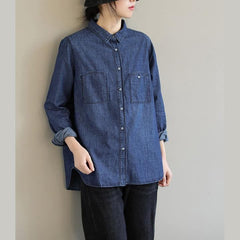 DIY Lapel Pockets Spring Clothes For Women Pattern Denim Blue Shirt LTP210115