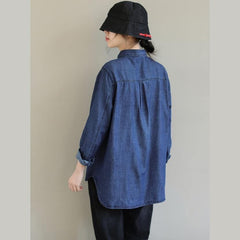 DIY Lapel Pockets Spring Clothes For Women Pattern Denim Blue Shirt LTP210115