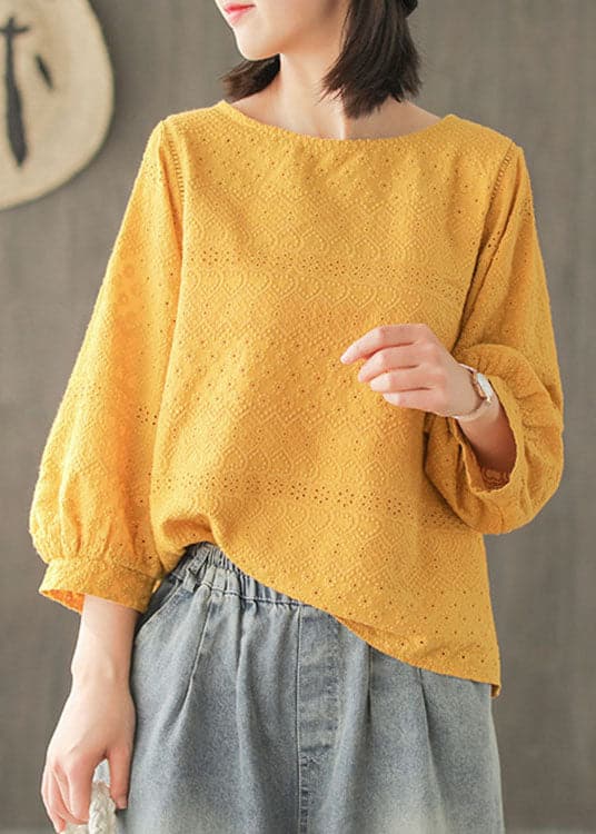 DIY Yellow fashion Hollow Out Embroideried Fall Long sleeve Tops GK-LTP211019