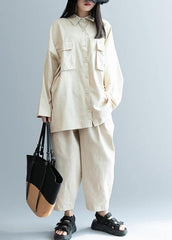 DIY beige clothes For Women lapel pockets Knee shirt LTP201026