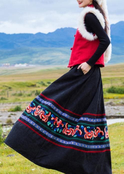 DIY black Cotton quilting clothes pleated tunic embroidery skirt SKTS191217