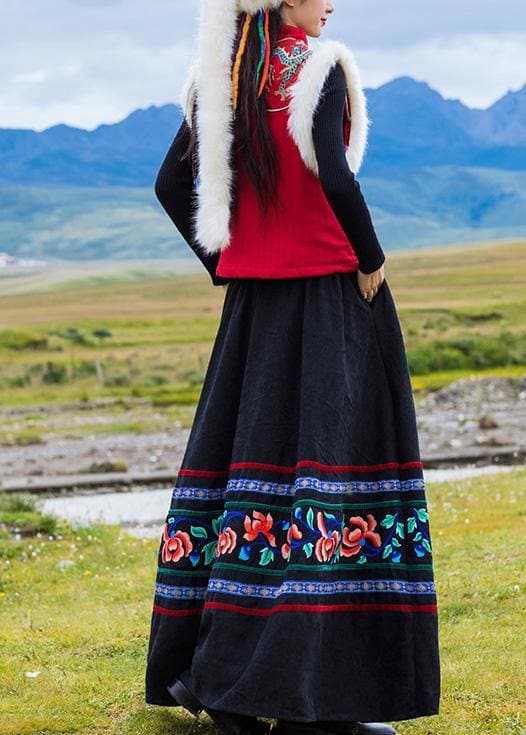 DIY black Cotton quilting clothes pleated tunic embroidery skirt SKTS191217