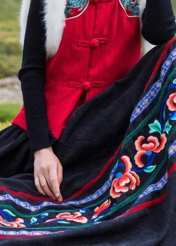 DIY black Cotton quilting clothes pleated tunic embroidery skirt SKTS191217