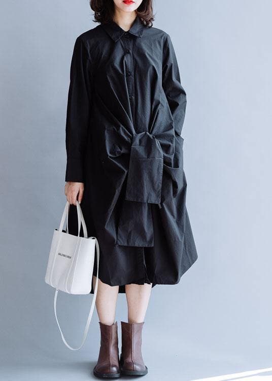 DIY black cotton clothes For Women lapel asymmetric long fall Dress FDL191011