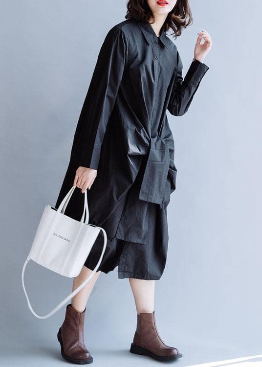 DIY black cotton clothes For Women lapel asymmetric long fall Dress FDL191011