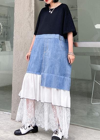 DIY black cotton clothes Women o neck patchwork cotton robes summer Dress AT-SDL200508