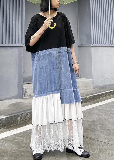 DIY black cotton clothes Women o neck patchwork cotton robes summer Dress AT-SDL200508