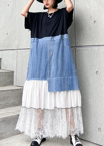 DIY black cotton clothes Women o neck patchwork cotton robes summer Dress AT-SDL200508
