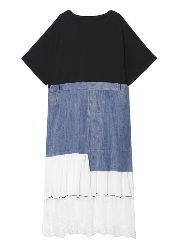 DIY black cotton clothes Women o neck patchwork cotton robes summer Dress AT-SDL200508