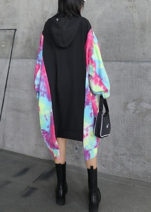 DIY black patchwork print clothes o neck asymmetric shift Dresses AT-FDL200909