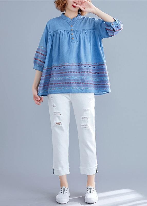DIY denim blue cotton shirts women stand collar embroidery summer blouse HTP190507